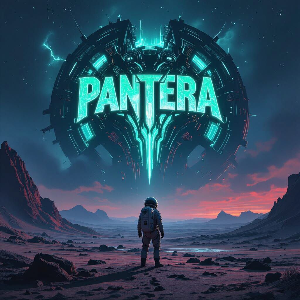 Wide-angle shot. A lone astronaut stands on a desolate, alien planet, gazing up at a colossal, biomechanical Pantera logo piercing the sky. ...
