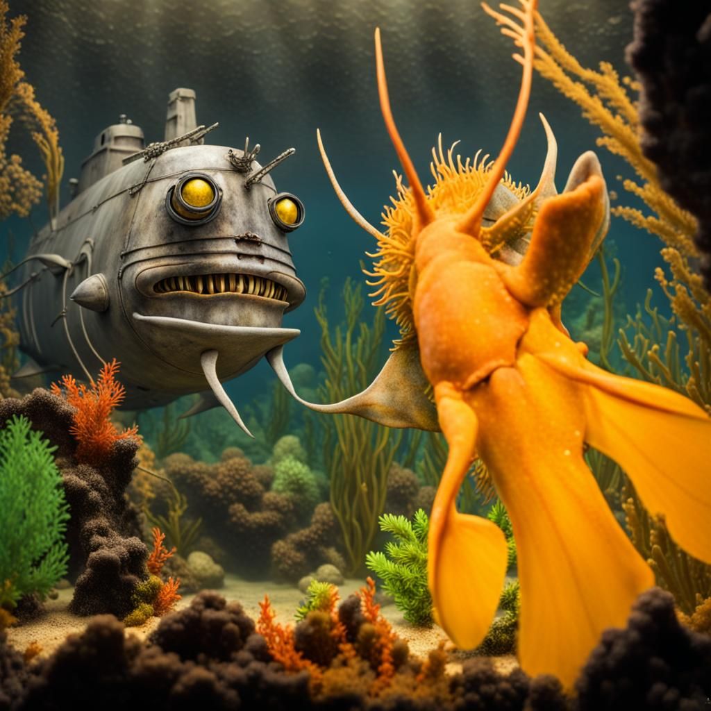 Hyper-realistic scene from 1000 leagues under the sea (grey ...