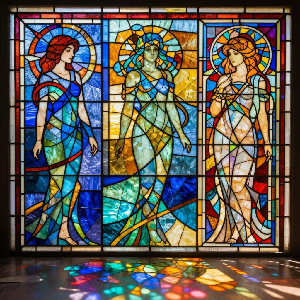 Vibrant Stained Glass Collage in Art Nouveau Style