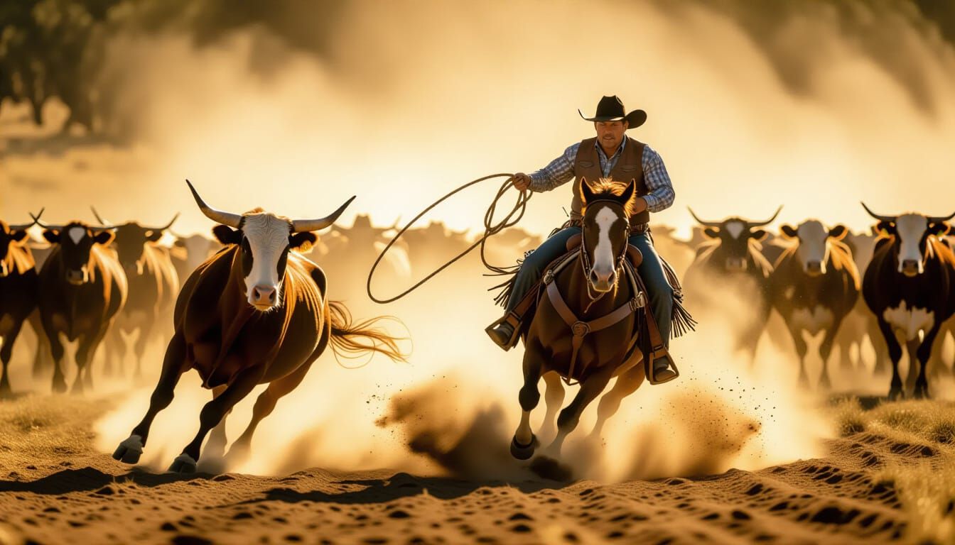 masterpiece photo, a rugged cowboy has roped his lasso tightly around the neck of a runaway longhorn cow which is pulling away from him, the...