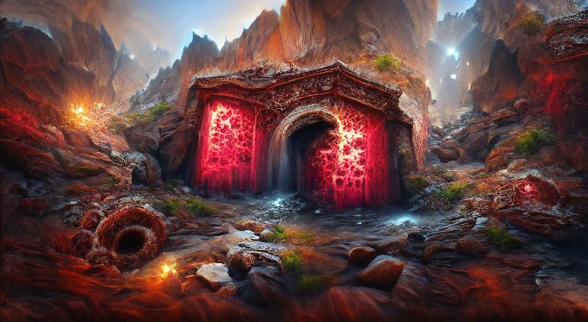 an steampunk portal made of glowing crimson crystals in a rocky cave 8k