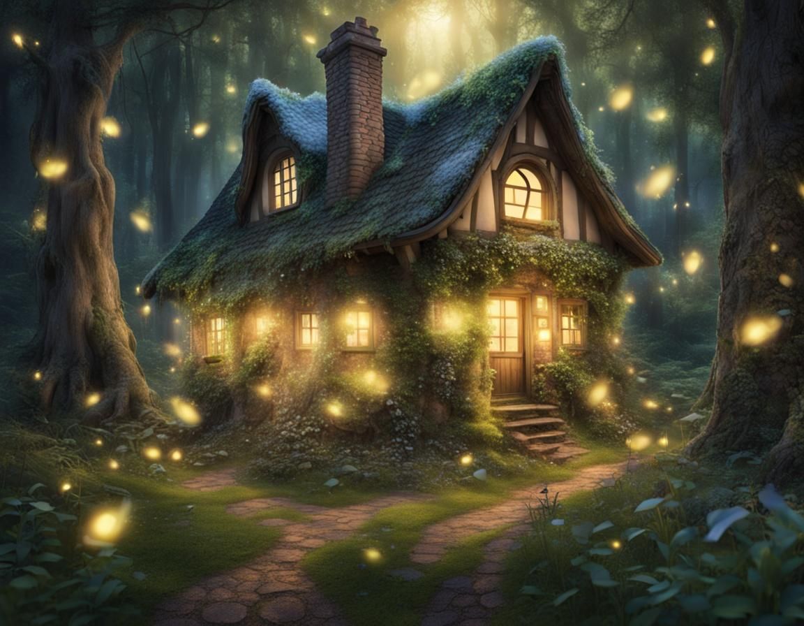 sparking fireflies around a FAIRY TALE cottage in the woods,...