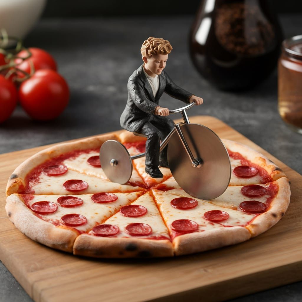 Close up 8 sliced pizza pie circle on wood cutting board, tiny human figure riding a metal sharp disc ...  by @David Myers