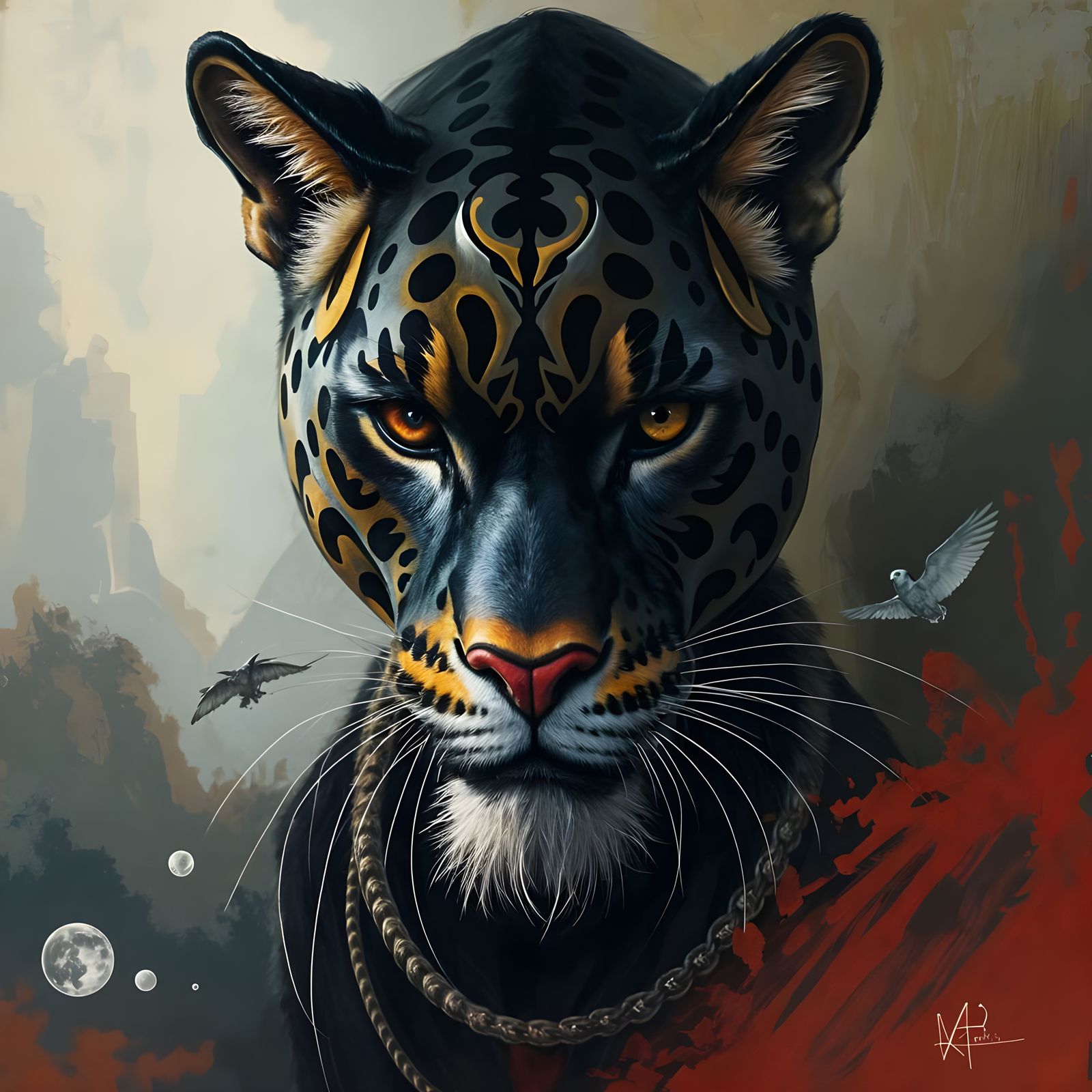 Mystical Man-Panther in Dreamlike Reverie, as Surrealist Pai...