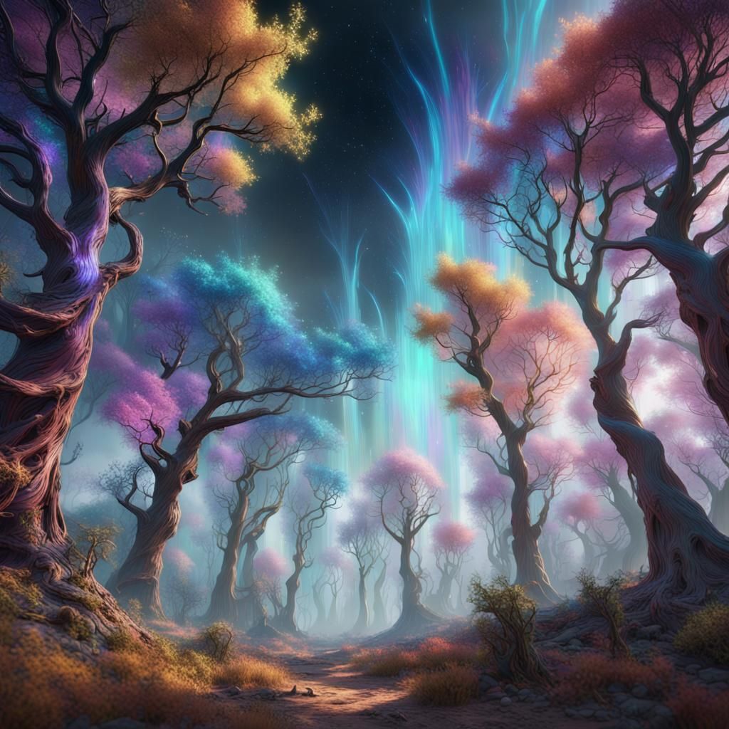 an ethereal forest where holographic trees sway in iridescen...