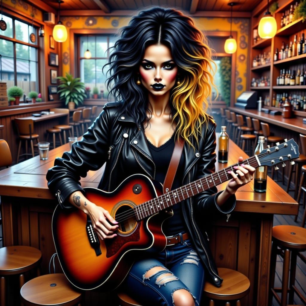 <lora:Acrylic Painting:1.0> full body portrait of a  pretty woman,.messy hair, black and yellow   wavy hair, black plaid shirt, ripped jeans...