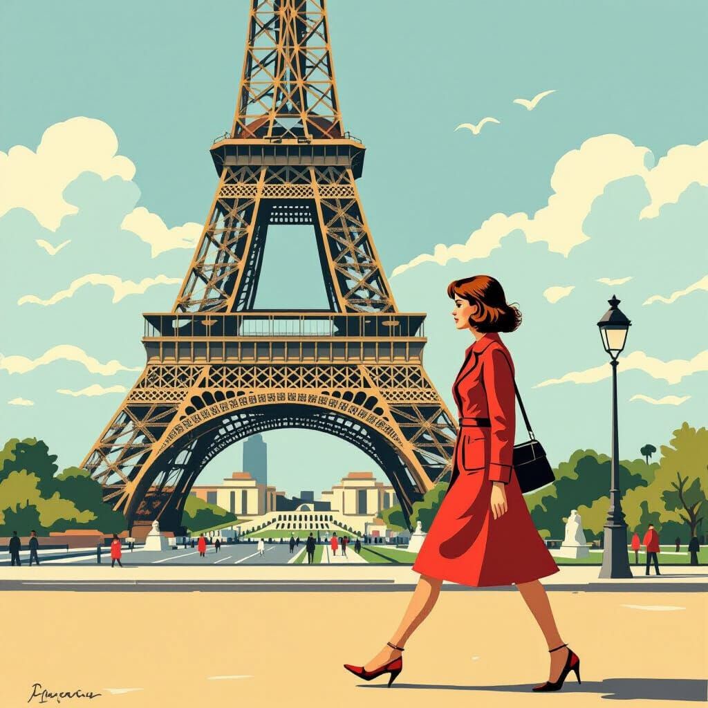 Paris Eiffel Tower Scene in 1960s Style
