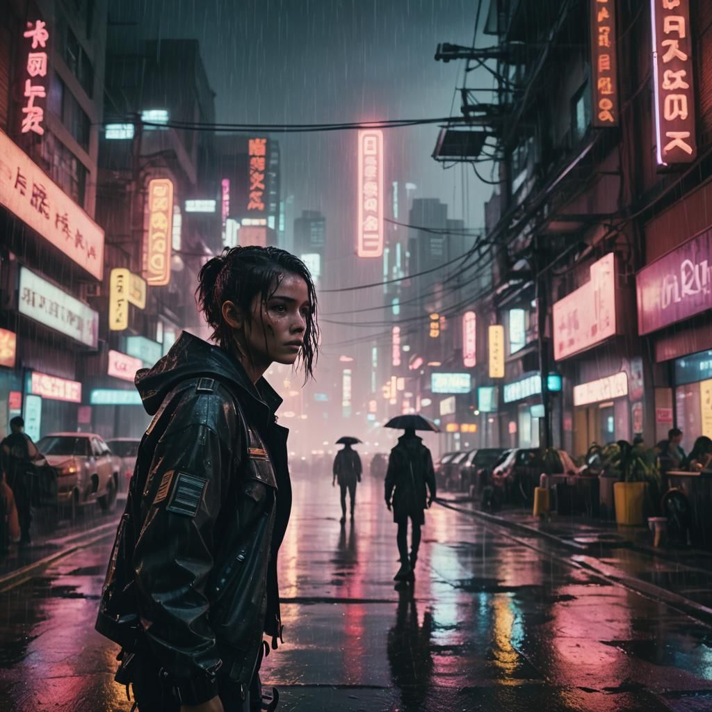 Medium shot of as Néa in Cyberpunk sci-fi protagonist in a C...