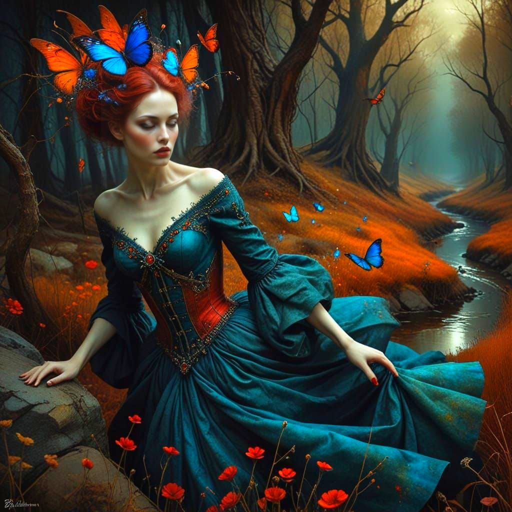 Surrealistic Fantasy Lady Walks Through Dreamlike Landscape...