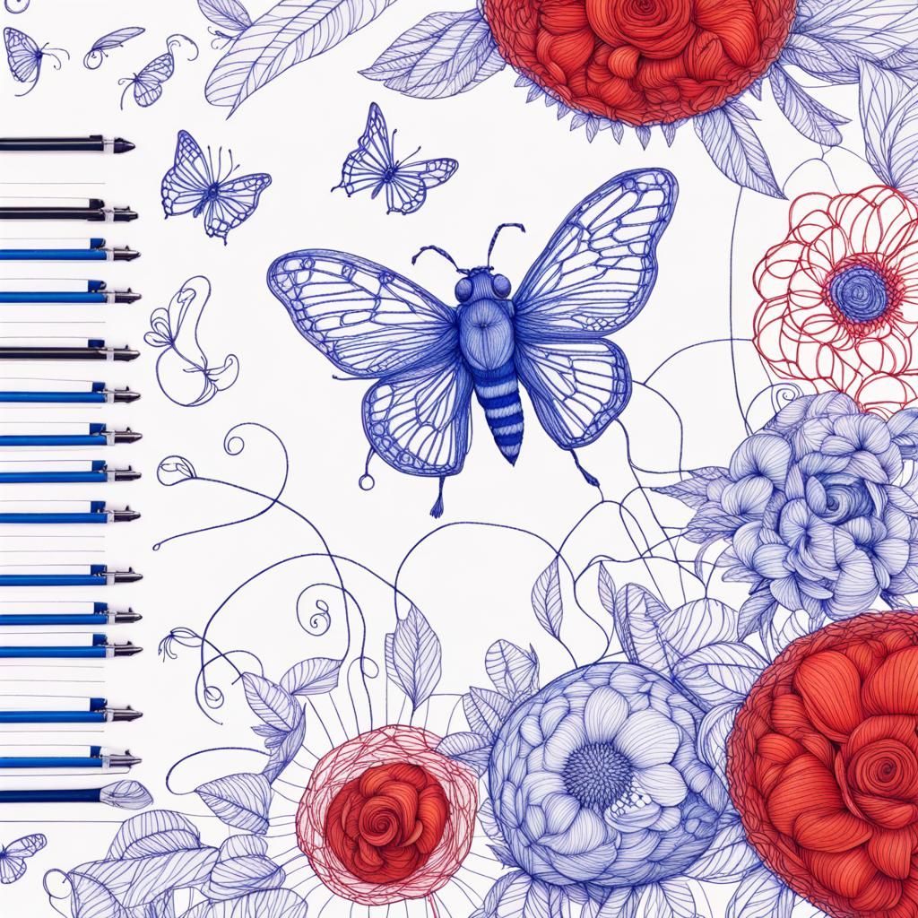 Doodles in Bic pen, flowers, butterflies, bumblebees