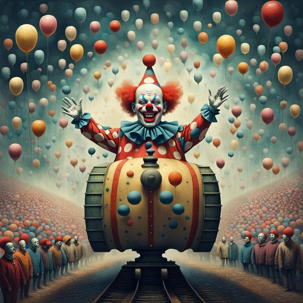 Billions of clowns forming global superclown AI which looks like a ...