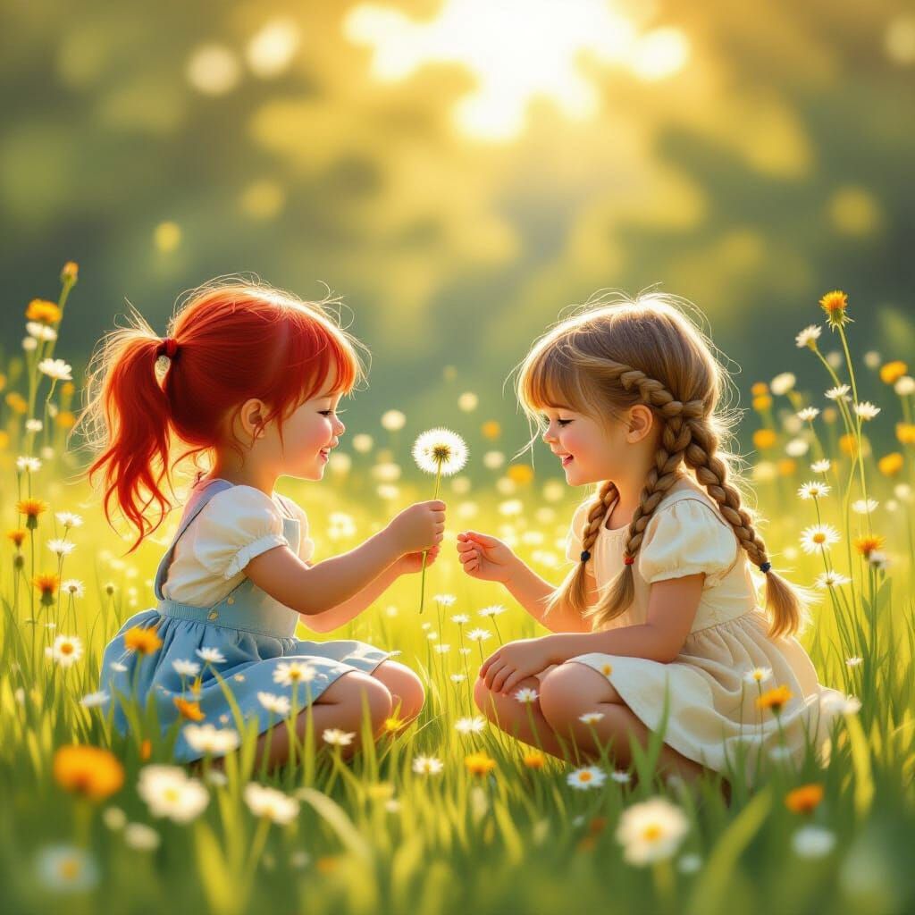 Joyful Girls in Sun-Dappled Meadow Storybook Illustration