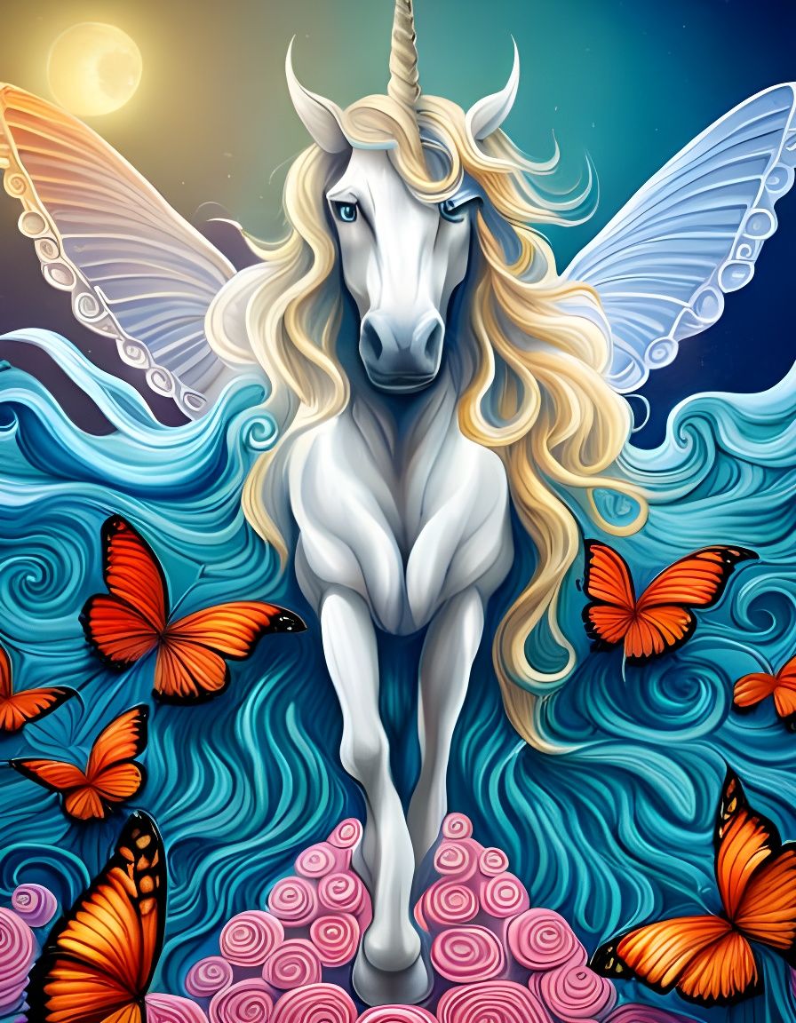 Beautiful unicorn, with butterflies, sharp focus, hyperdetailed,  hyperealistic,  16k resolution, faience, ...  by @Jabana
