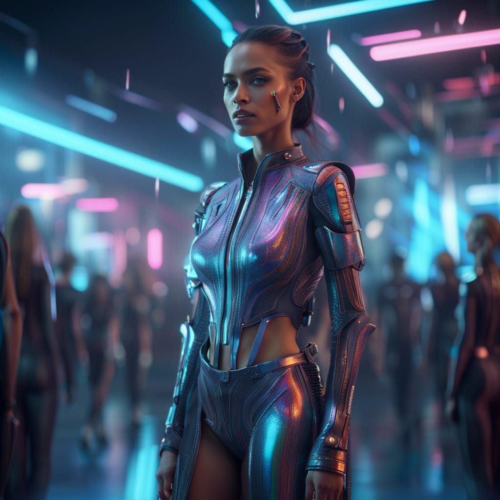 32k cinematic shot A futuristic fashion show featuring holog...