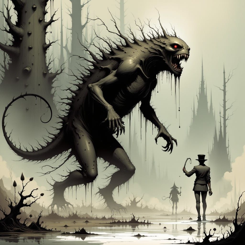  <lora:cuteNcreepy Flux:1.0> A monster emerging from the mist, surreal illustration, heavy lines