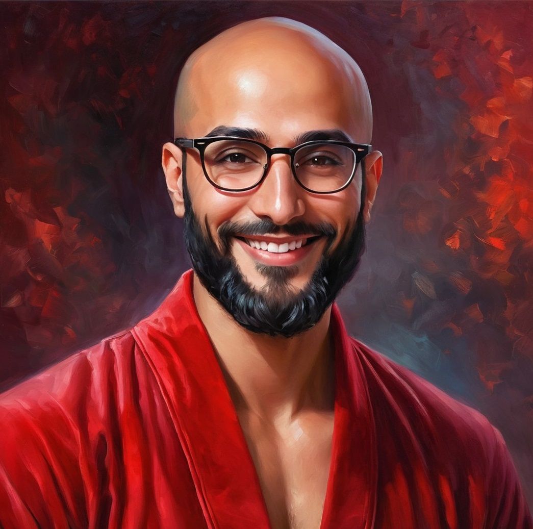 A young bearded  professor with glasses   wearing a    red  ...