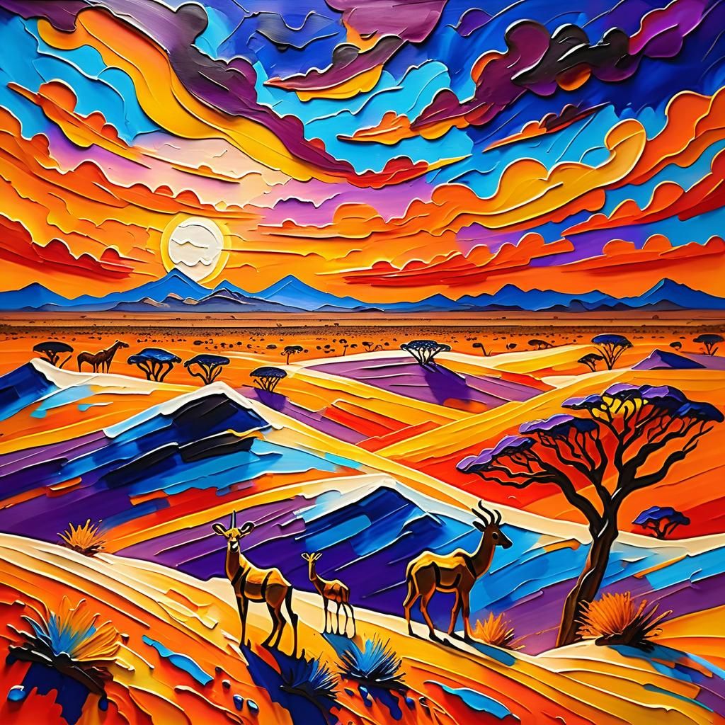 African Animals in Desert Landscape, Impasto Painting