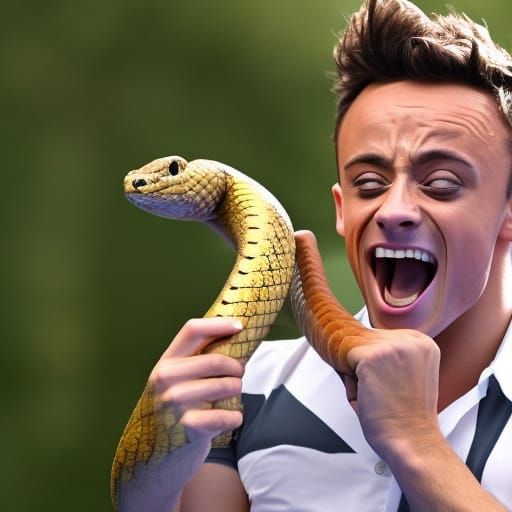 Tom Daley screaming with a snake