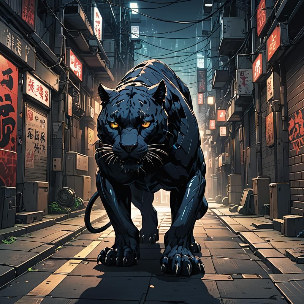 Cybernetic panther prowling a dark alley in Tokyo
