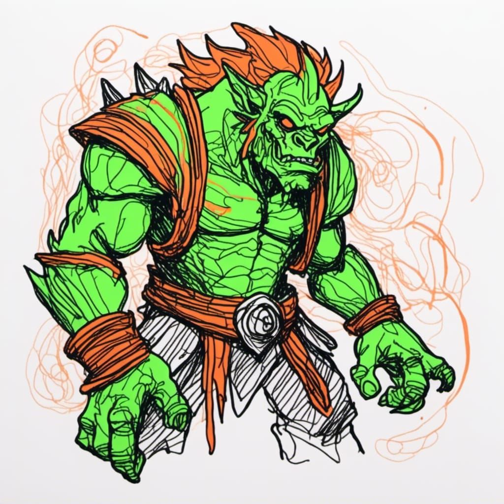 <lora:Childhood Crayon:1.0> <lora:Crossing The Line:1.0> Minimal single-line drawing of Varok Saurfang, <vomit green> swatch of paint in the...