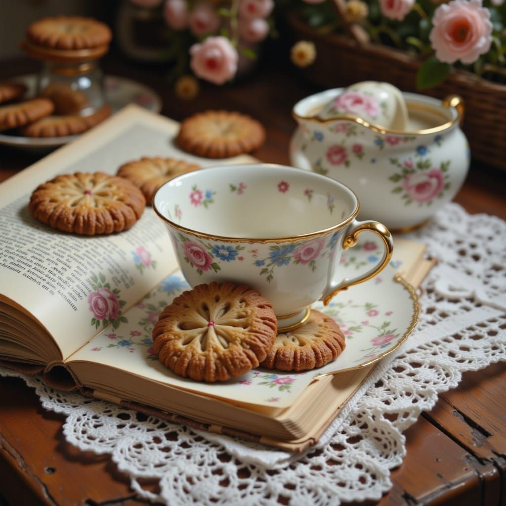 Vintage Enamel Cup on Lace with Old Book