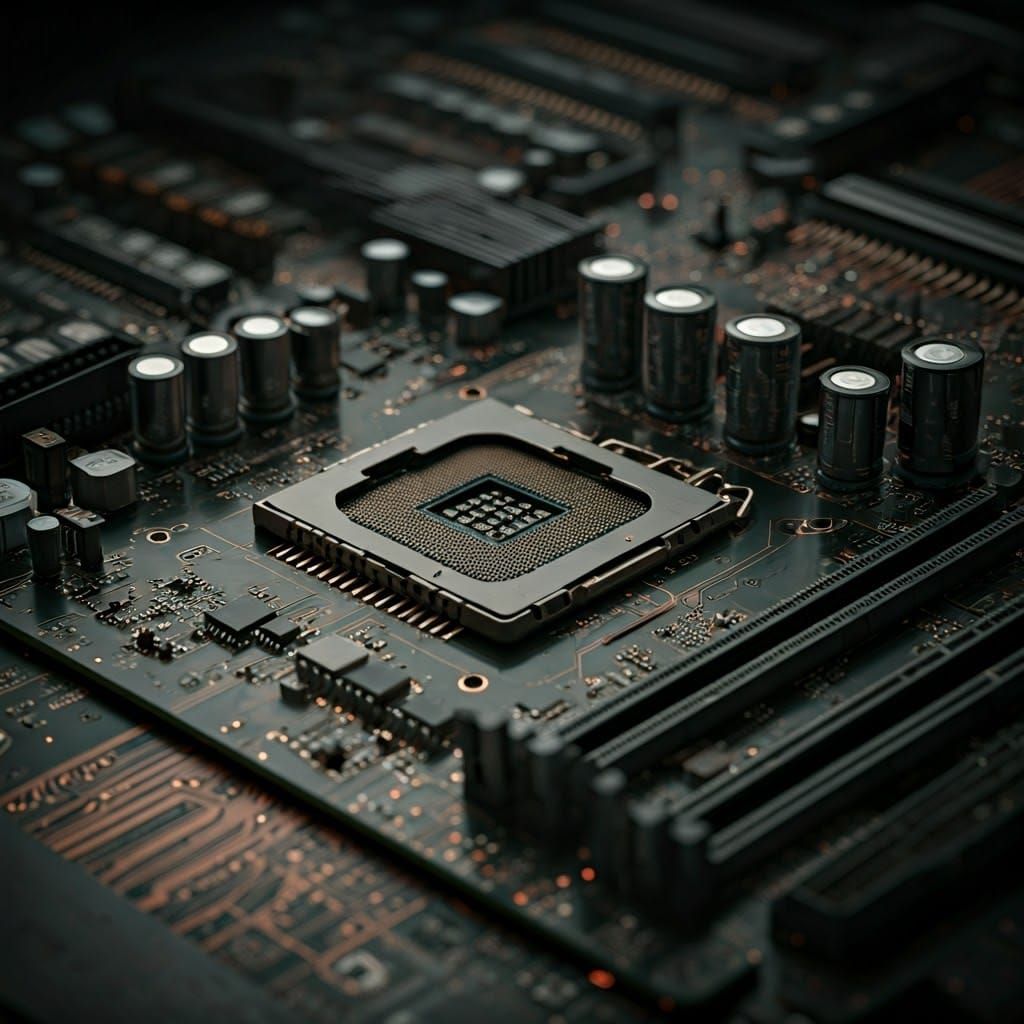 A computer motherboard, the circuit board in close-up resembles a city.