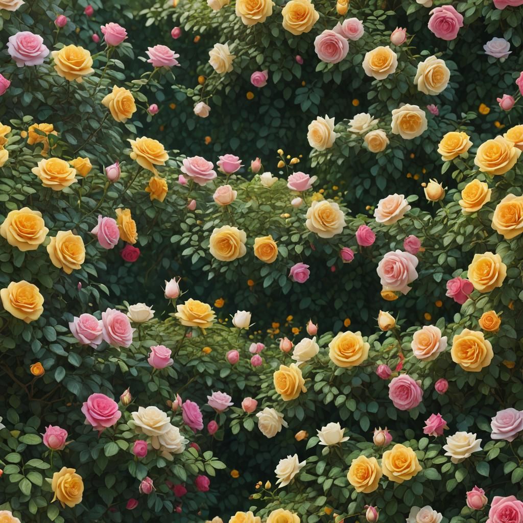 roses of different colors in the front garden, the hedge of ...