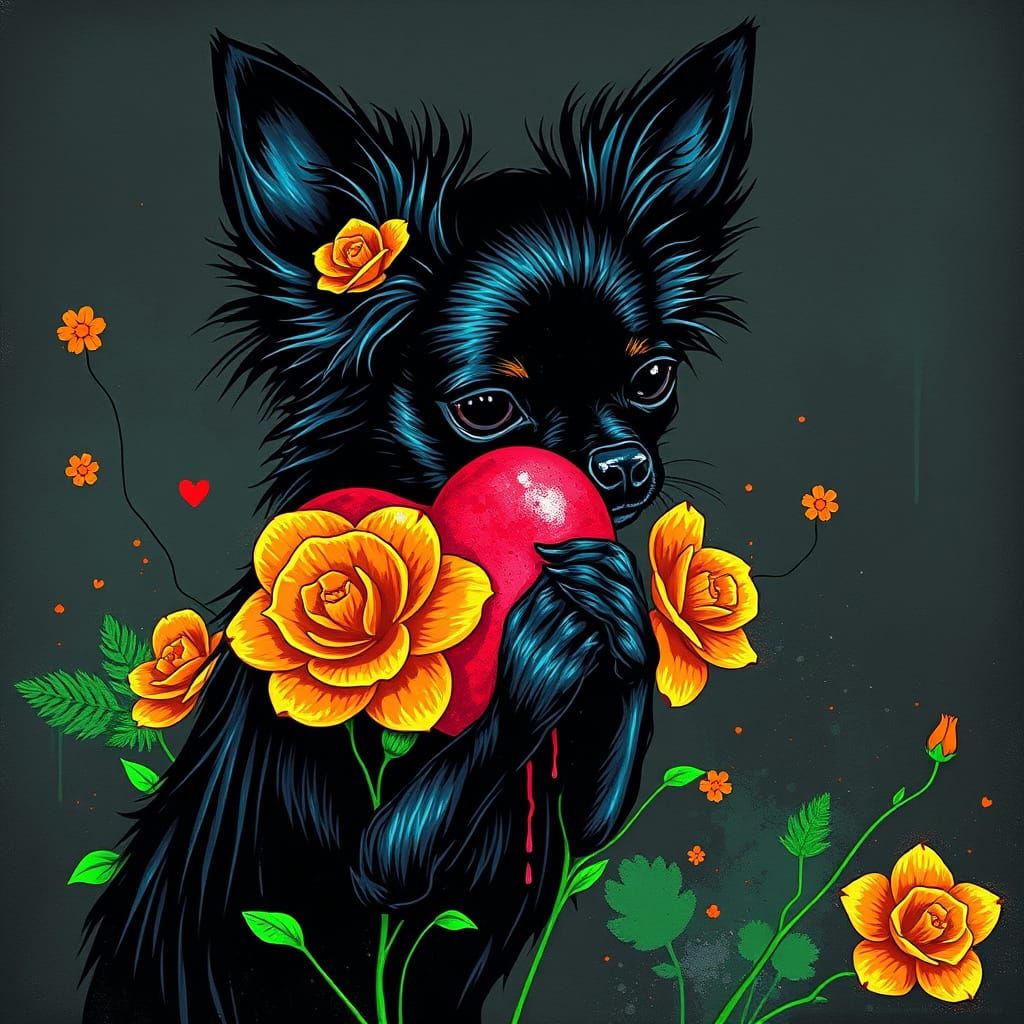 Neon Floral Chihuahua: Neo-Surreal Digital Art