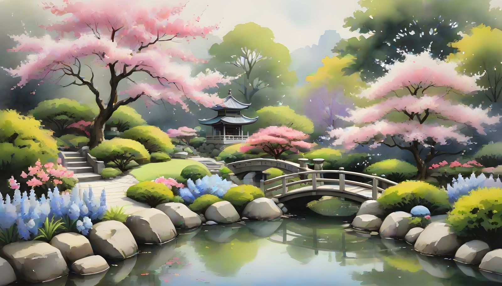 Japanese Garden Spring Watercolor  by @Gary Murakami