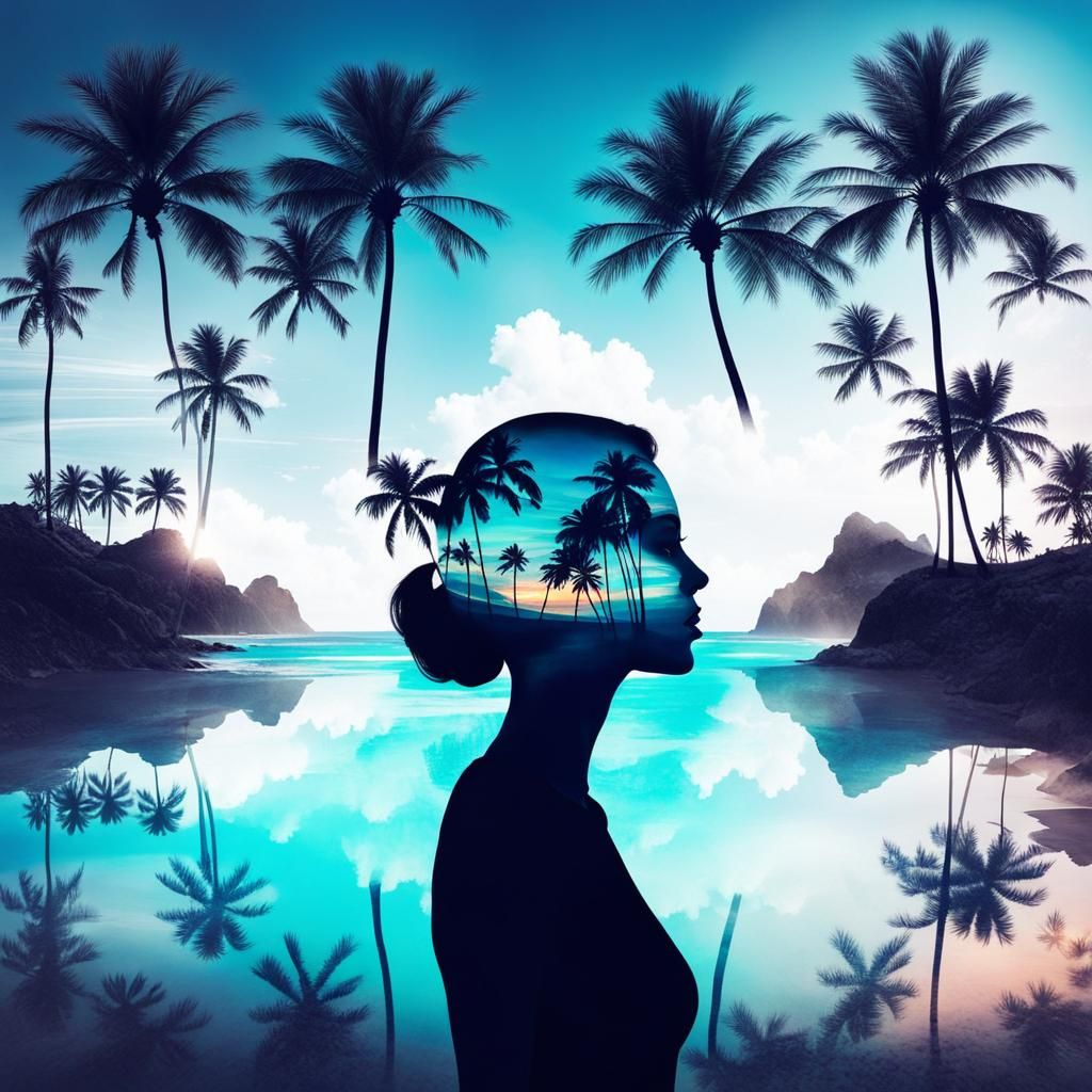 Double exposure art, a tropical paradise within the silhouet...