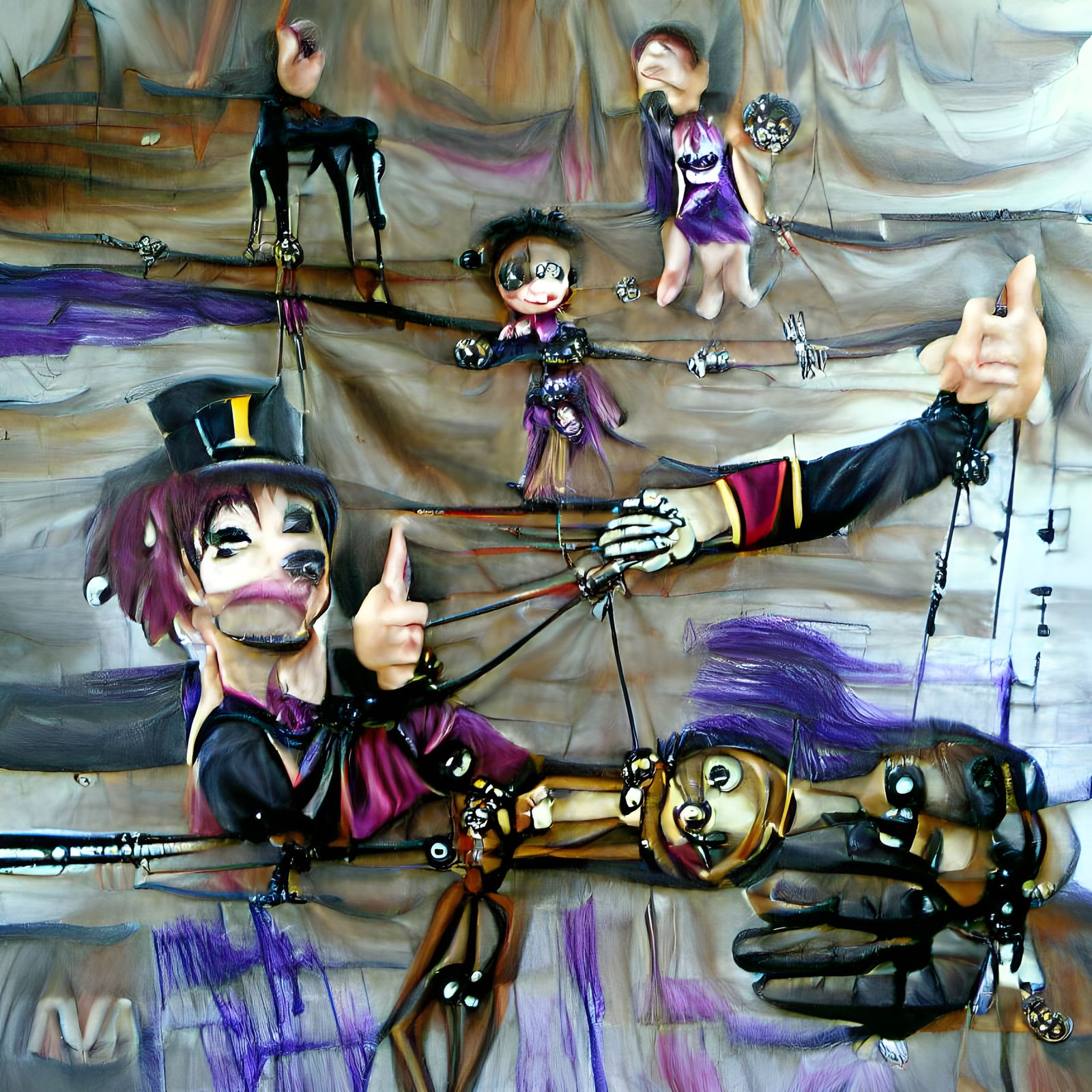 A detailed painting Marionette freakshow steampunk circus limited color palette brown purple black long reaching fingers