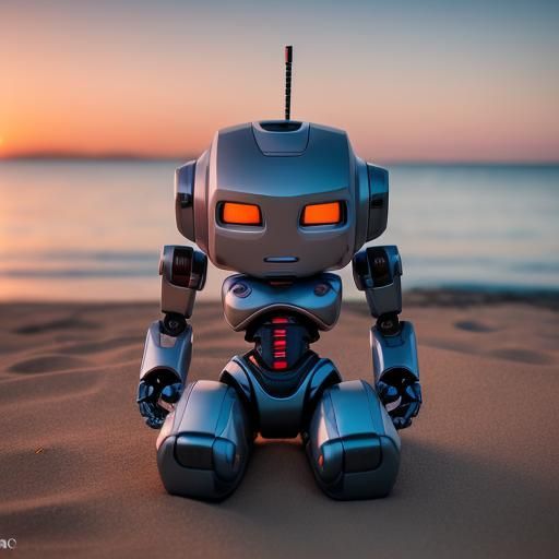HD photo of a robot relaxing on the beach by the water at su...
