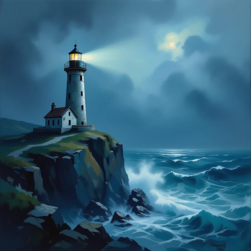 A solitary, weathered lighthouse perched precariously on a jagged cliff overlooking a stormy, turbulent sea. The lighthouse beam cuts a shar...