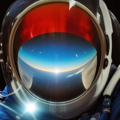 four elements as seen in the reflection of a space suit helm...