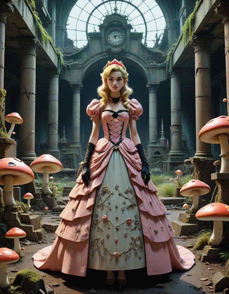 Princess Peach in Haute Couture, Amidst Post-Apoca... - AI Art