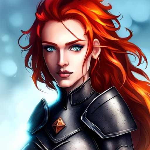 Redhead Female, Dark Medieval Armour, Blue Eyes, Fiery hair