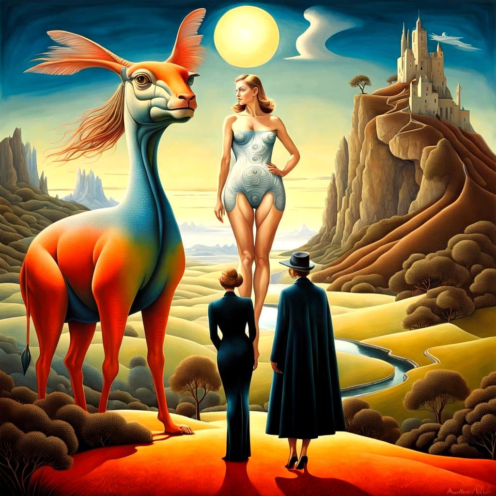 Beautiful Lady Faces Fantastic Creature in Dreamlike Landsca...