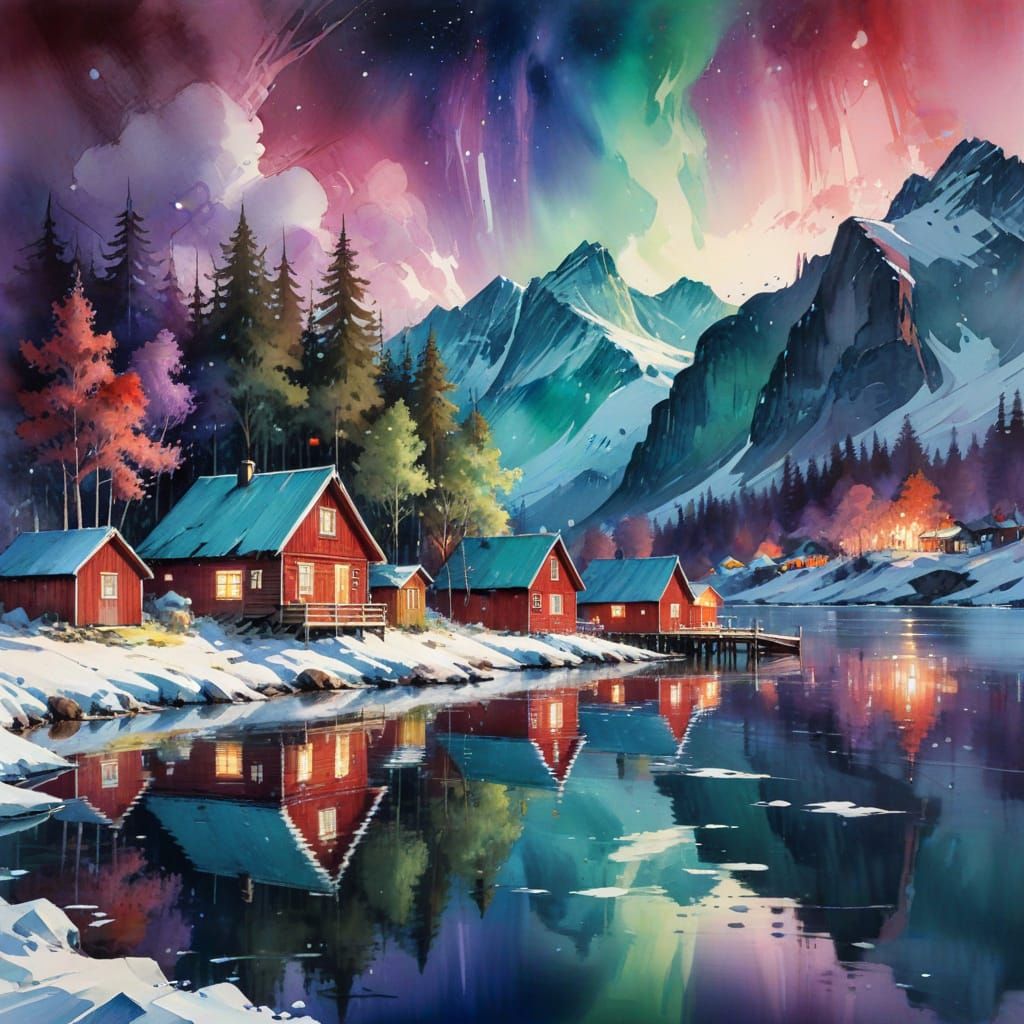 Norwegian Village Under Northern Lights, Impressionistic Wat...