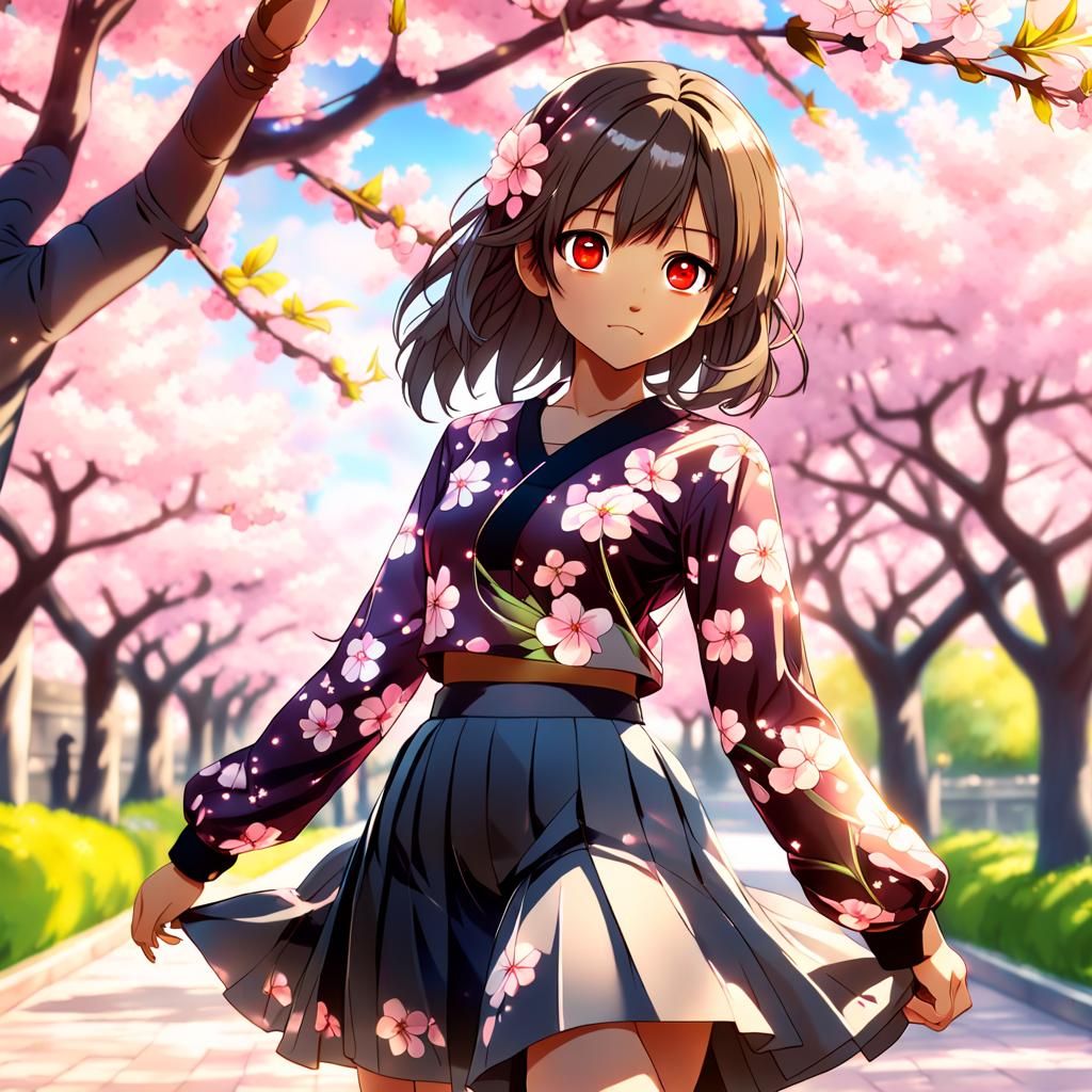 Anime Girl in floral crop blouse- long skirt posed under a pink cherry ...