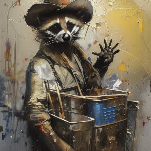 Hobo racoon and it's trash bin  by @nonaivo