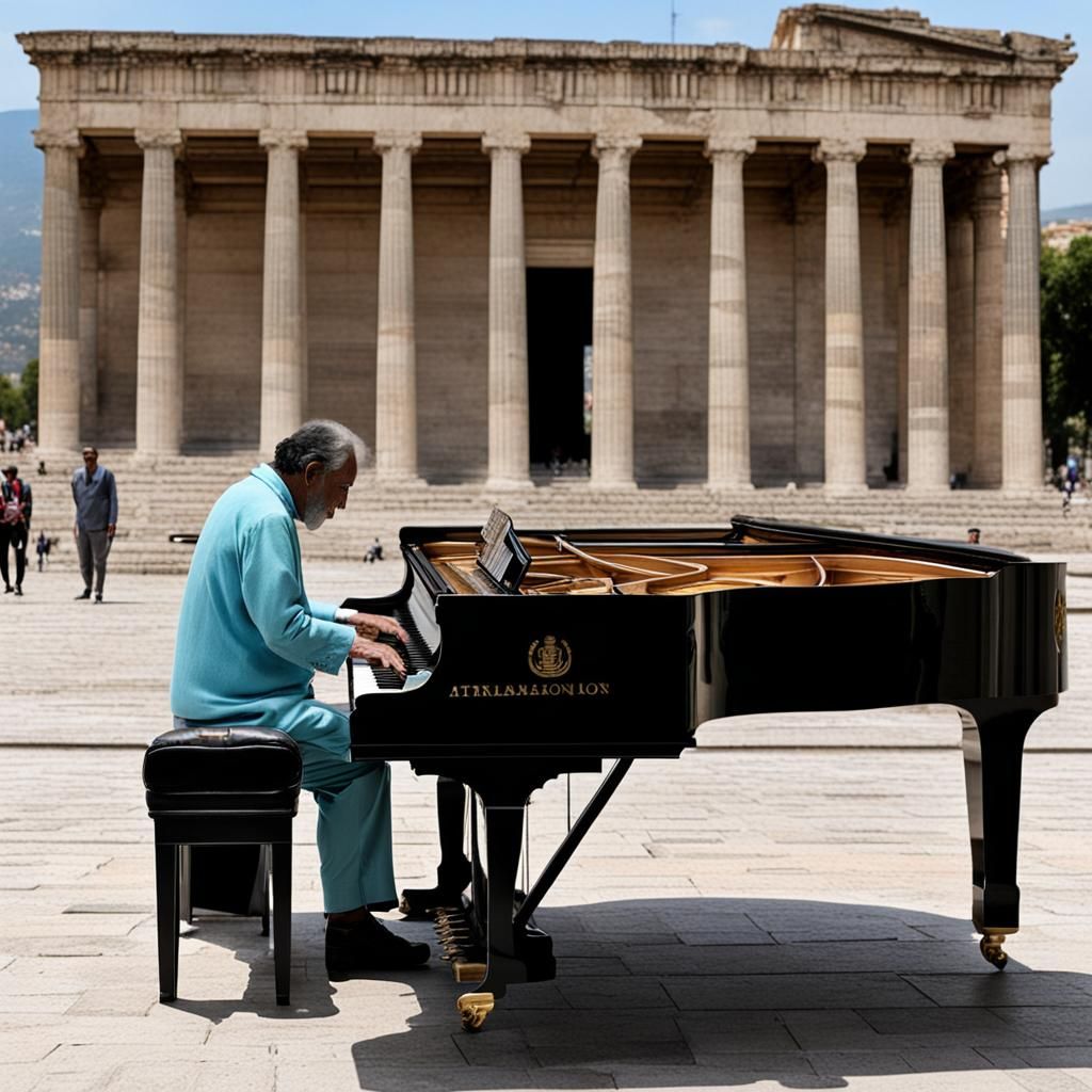 Un hombre tocando el piano, en el fondo aparecen las El Partenón de Atenas