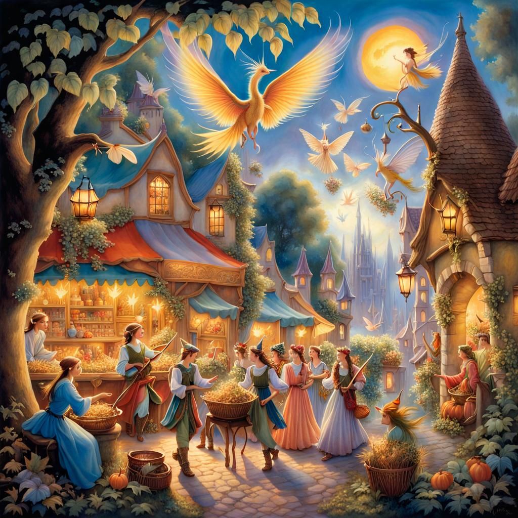 Land of fantasy, style Disney world but with fairies, elves, unicorns, faunes, goblins, Phoenix. Each one doing things according at their es...