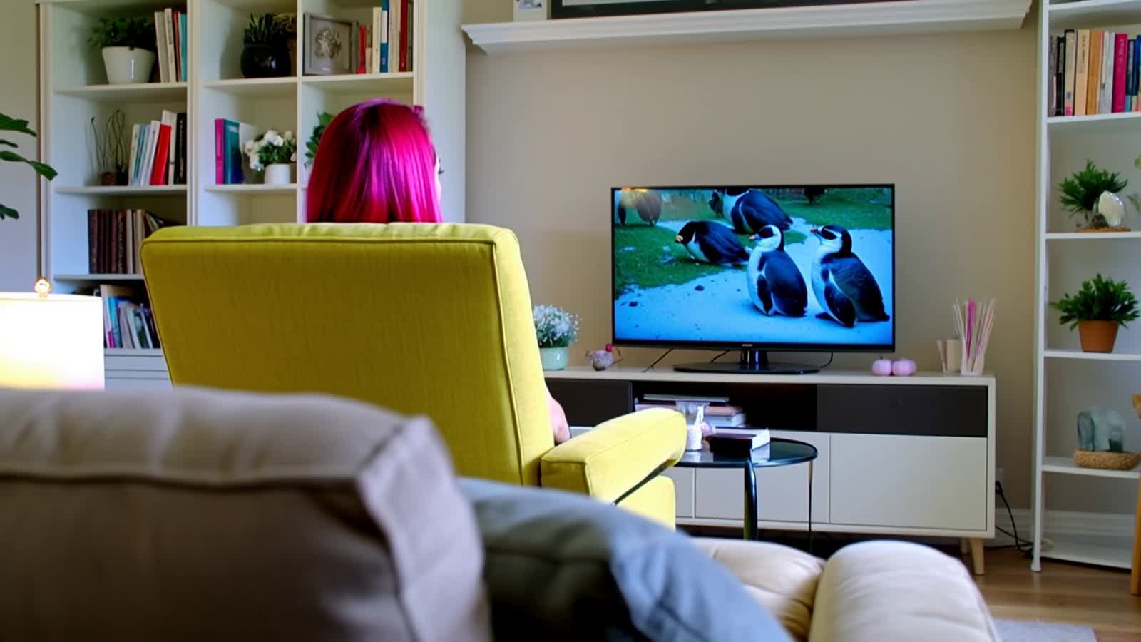 A woman with pink hair and an eyebrow piercing sitting on a yellow armchair watching a documentary about penguins on TV