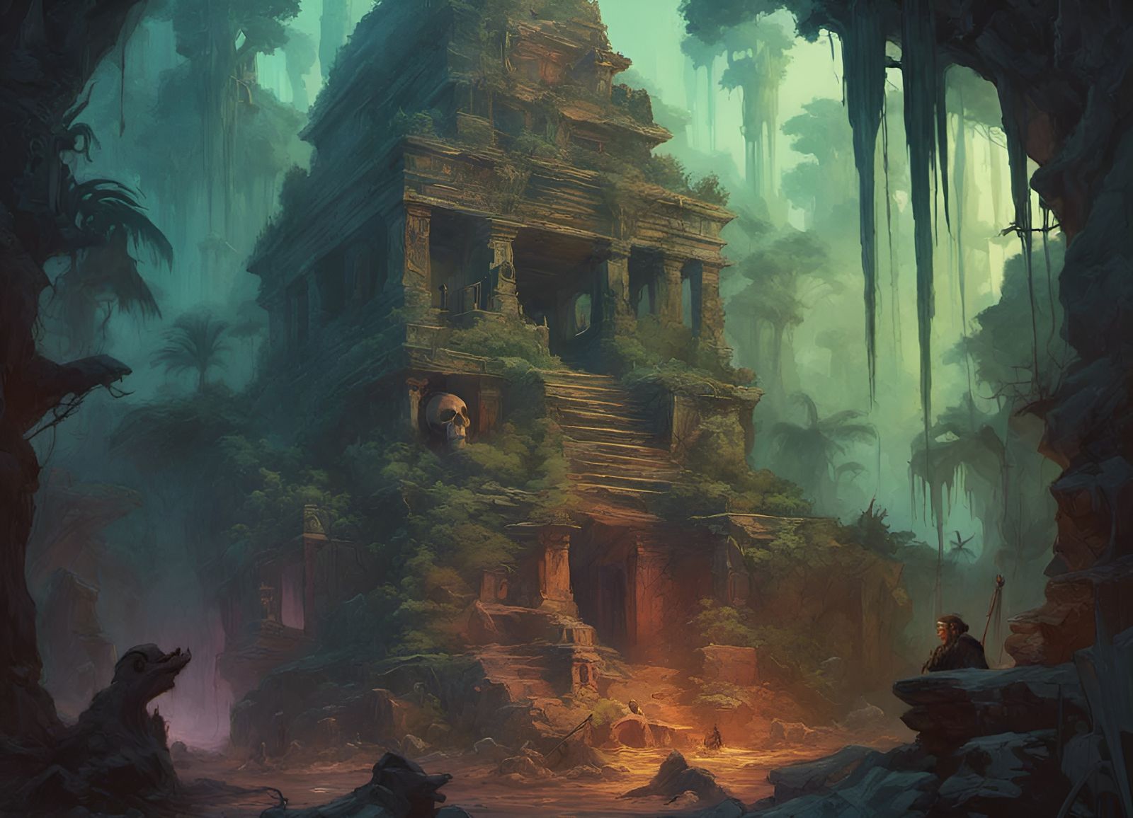 Ancient ruins in the jungle, skulls, bones,twilight.saturated color ...