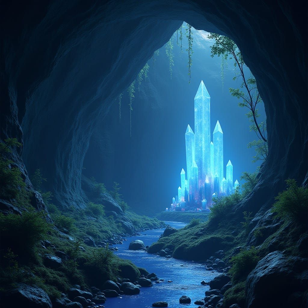 Enchanted Crystal Caves in Soft Blue Ethereal Light