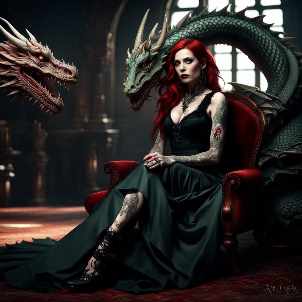 Steampunk Dragon Portrait with Red-Haired Woman