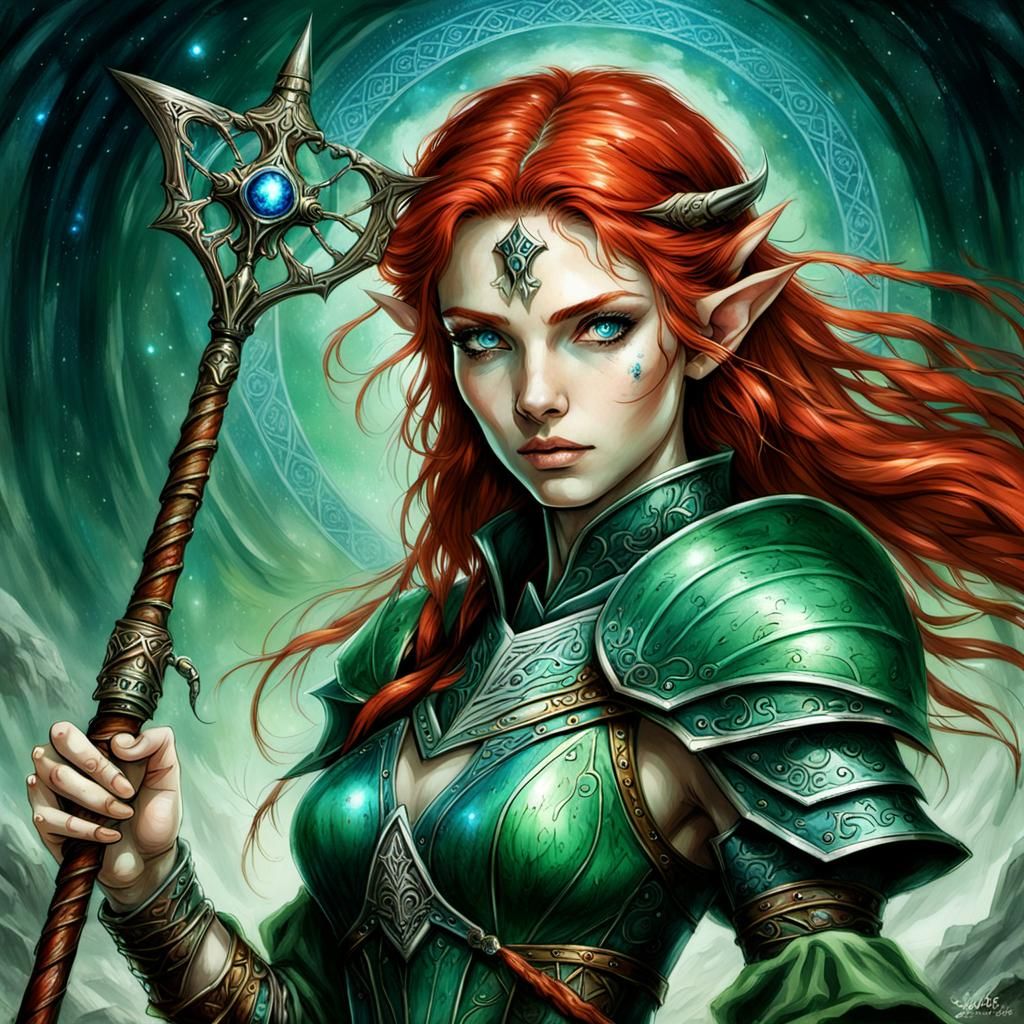 A Red Haired Colored Female Elf Mage with magic staff In Green Armor ...