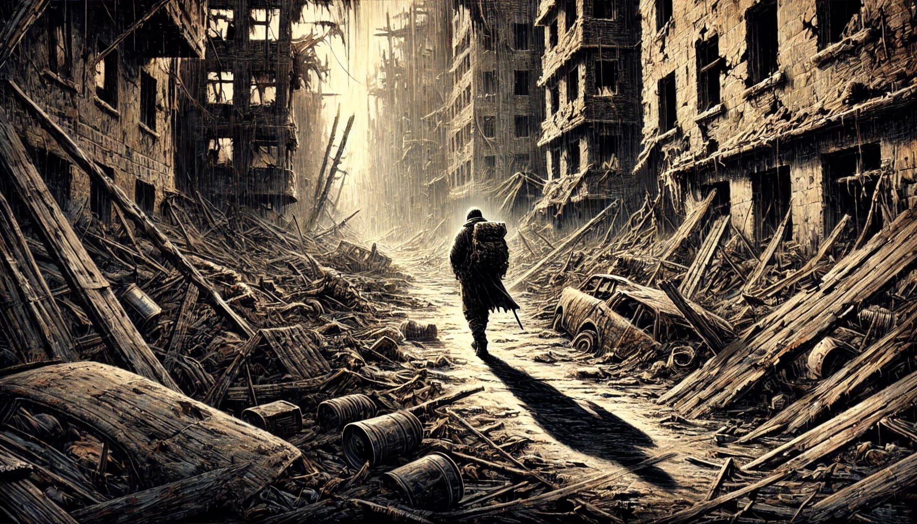 Wandering against hope in an apocalyptic wasteland. 