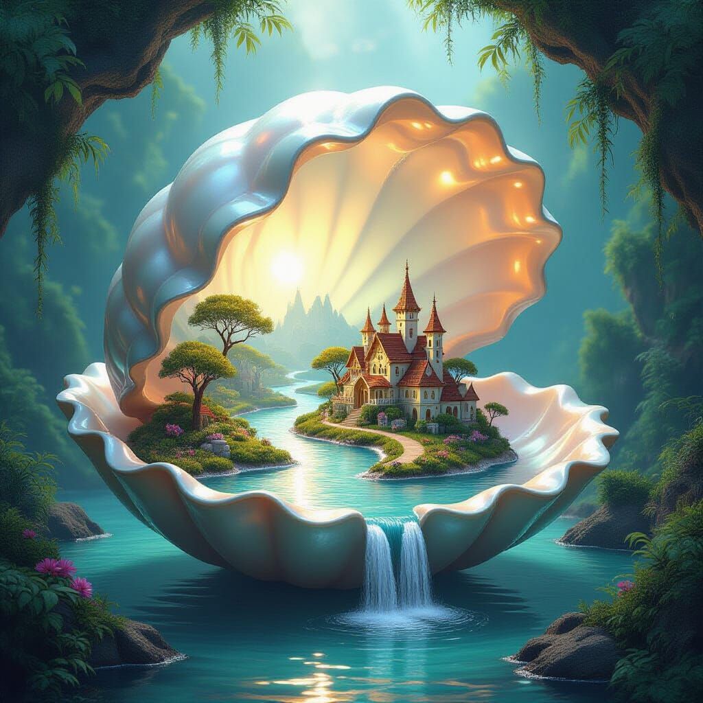 Giant Seashell Holds Pearl With Hidden Village