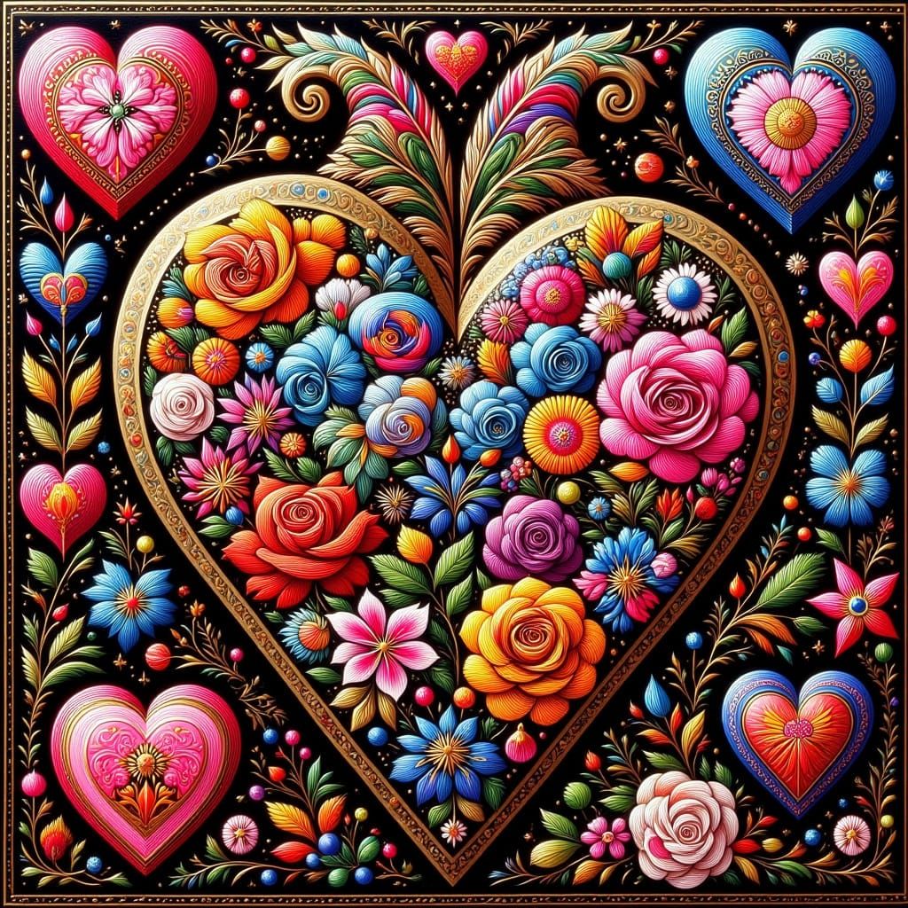 Bauhaus-Inspired Embroidered Hearts in Triadic Harmony